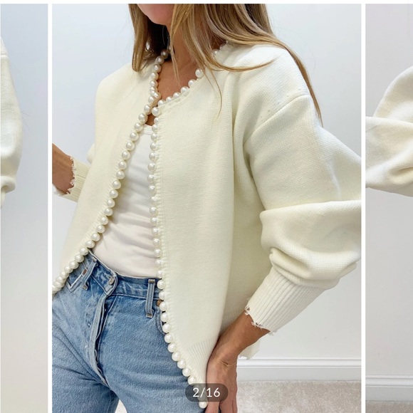 Commense cream cardigan with pearl trim and ripped hems size small - Picture 2 of 7